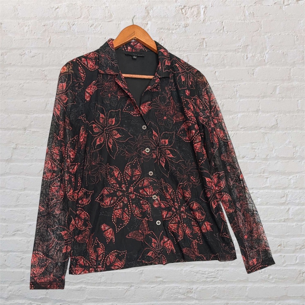 Jane  Delancey Red Butterfly Mesh Lace Button Down Blouse Small Black Floral Top